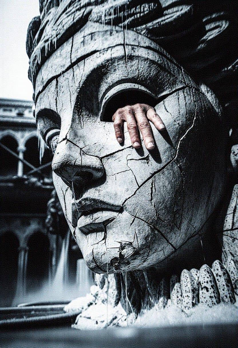 Colossal Weathered Stone Statue Head